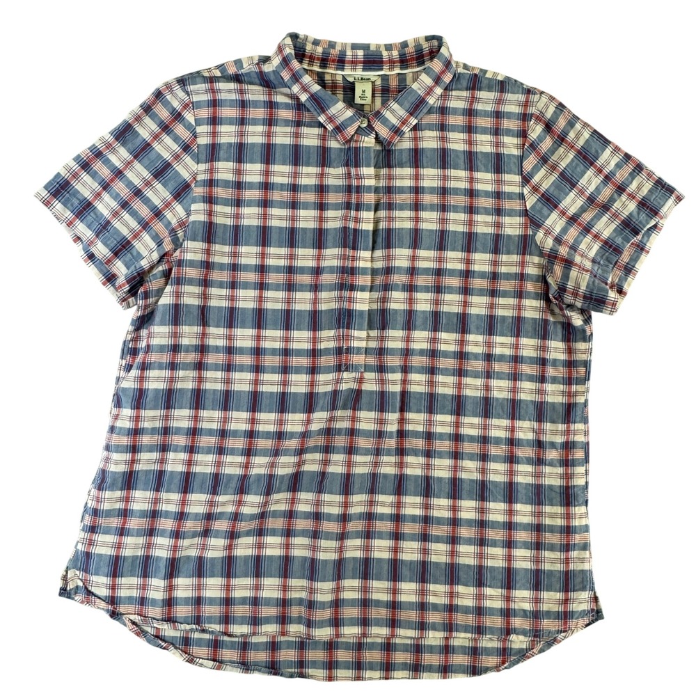 LL Bean Womens Plaid Short Sleeve Cotton Tunic Top Blue Red White Size M 507351